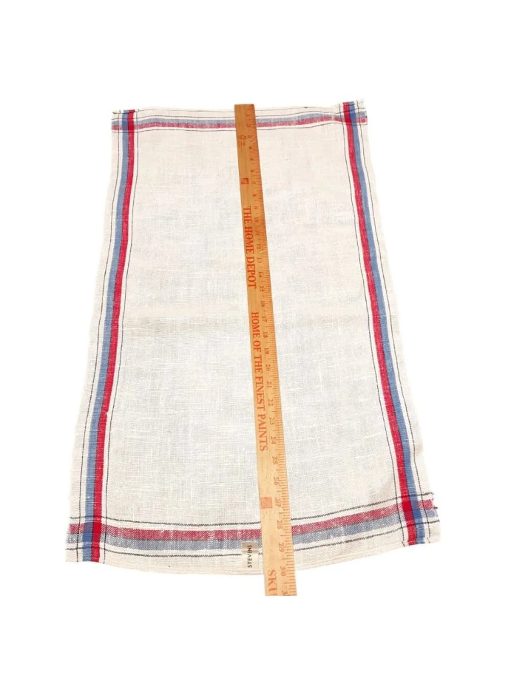 Vintage Stevens Linen Tea Towel Red Blue Stripes Rustic Farmhouse Granny 28x16